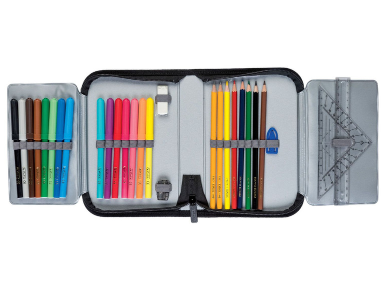 Ein Etui mit Buntstiften, Filzstiften und einem Lineal.