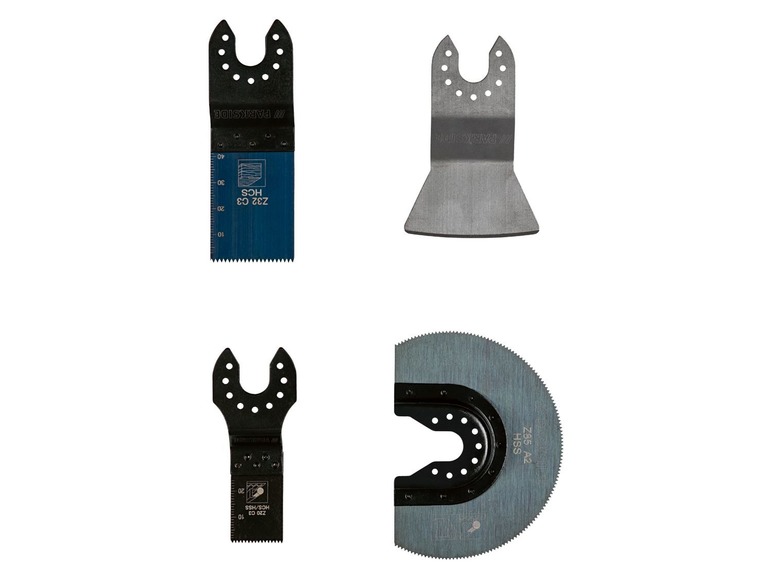 Vier verschiedene Sägeblätter, darunter zwei PARKSIDE-Blätter für ein Oszillationswerkzeug.