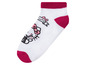 Weiße Socke mit rosafarbenem Hello Kitty-Motiv.