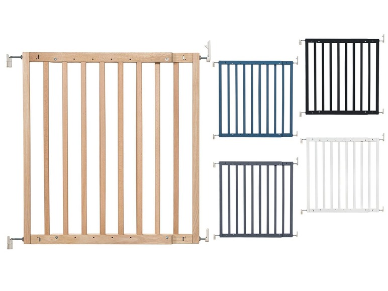 Holz-, schwarze, weiße und blaue Baby-Sicherheitsgitter.