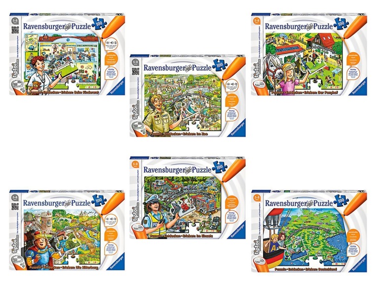 Ravensburger Puzzle mit 100 Teilen zu verschiedenen Themen, wie Ponyhof, Kinderarzt und Zoo.