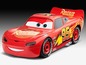 Ein rotes Rennauto-Modell von Lightning McQueen mit Rusteze-Sponsoring.