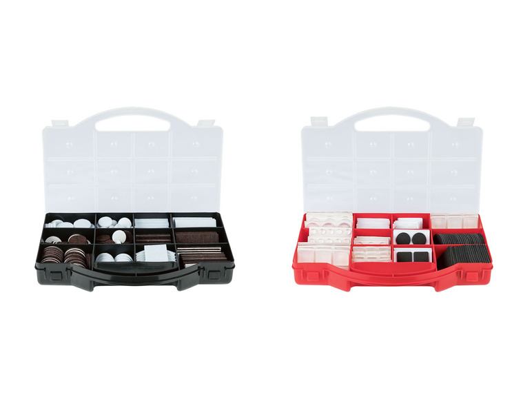 Zwei Aufbewahrungsboxen mit verschiedenen Filz- und Unterlegplatten zum Schutz von Oberflächen.