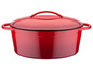 Roter Gusseisentopf mit Deckel.