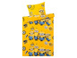 Ein Minions Bettbezug mit gelbem Hintergrund und Bildern der Minions.