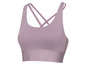 Ein lila Sport-BH mit gekreuzten Trägern.