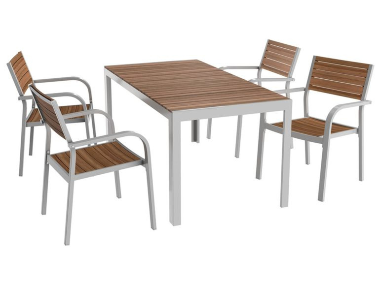 Gehe zu Vollbildansicht: florabest Alu/Holz-Set, 5-teilig - Standardtisch und 4 Stapelstühle - Bild 1