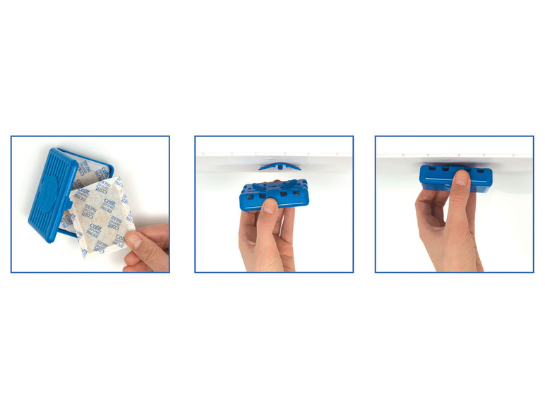 Ein blauer Catit Magic Blue Katzenstreufilterhalter mit Filtern in Schritten gezeigt.