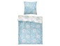Blaue Bettwäsche mit weißen Blumen und einem Kissen