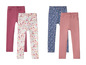 Drei Paar Leggings für Mädchen: rosa, rosa mit Blumenmuster und blau mit Blumenmuster.