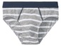 Graue Unterhose mit weißen Streifen und blauem Bund.