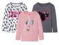 Drei Langarmshirts mit Glitzerdetails: eines mit Dalmatinermuster, eines rosa mit einem Hund und eines grau mit einem Herz.