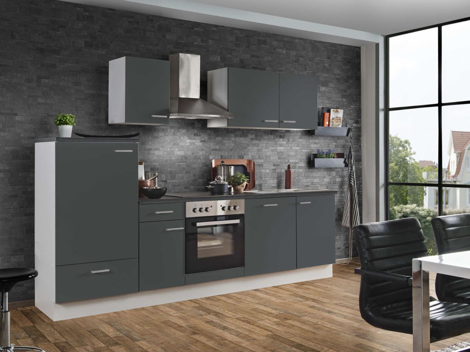 Menke Küchenzeile „Classic“ 270/280/300/310 cm (Geschirrspüler, frei Bordstein, Anthrazit, 280 cm) | 04039354112387