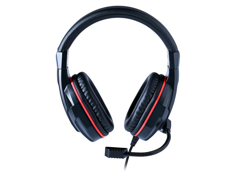 Schwarzes Gaming-Headset mit roten Akzenten und Mikrofon.