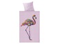 Ein rosafarbener Bettbezug mit einem regenbogenfarbenen Flamingo.