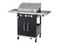 Ein schwarzer Gasgrill mit Edelstahl-Kochfläche und seitlichem Tisch.