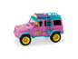 Ein rosafarbenes Spielzeugauto mit einer Leiter, einem Dachgepäckträger und einem Einhorn-Thema.