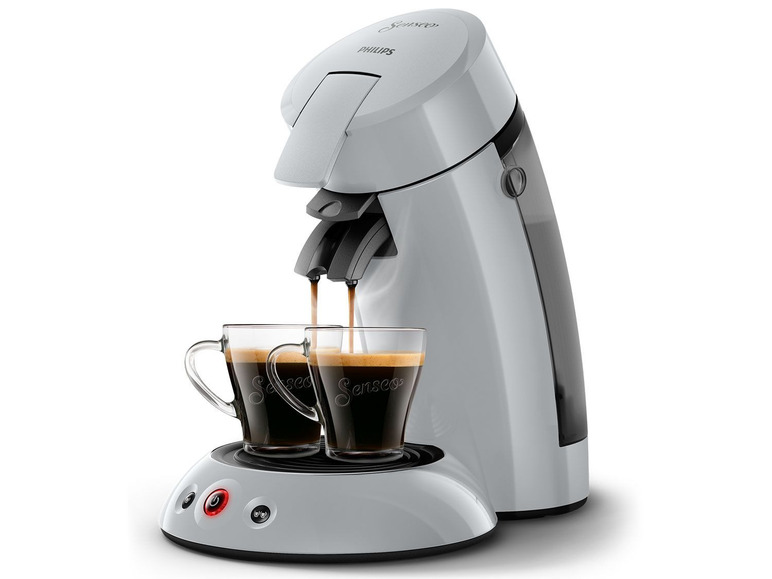 Eine Philips Senseo Kaffeemaschine brüht Kaffee in zwei Gläser.