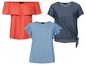 Drei Esmara Shirts: ein orangenes Top mit Rüschen, ein hellblaues Denim-Shirt mit Rüschen und ein dunkelblaues Denim-Shirt mit Schleife.