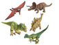 Spielzeugfiguren von Dinosauriern, darunter ein T-Rex und ein Triceratops.