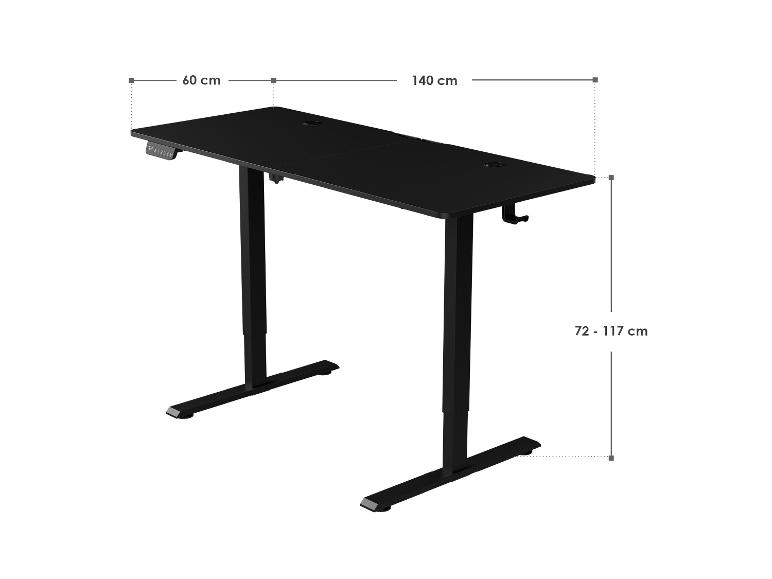 Schwarzer höhenverstellbarer Schreibtisch, 140x60 cm Platte, Höhe 72-117 cm.