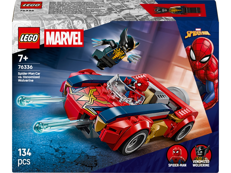 Spielzeug-Bauset mit einem roten Auto und zwei Actionfiguren.