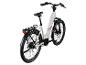 Weißes E-Bike mit schwarzen Schutzblechen und Gepäckträger, von hinten und der Seite gesehen.