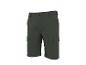 Dunkelgrüne Cargo-Shorts mit Seitentaschen und braunem Knopf.