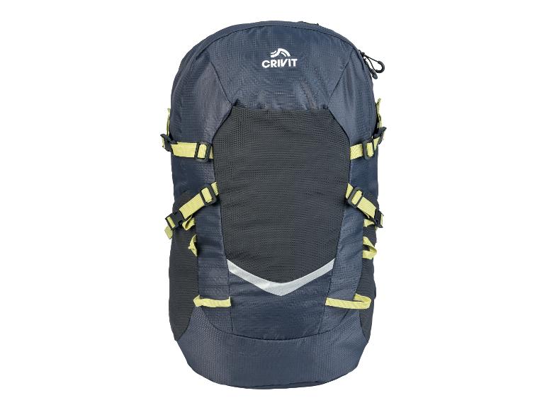 Crivit Rucksack, dunkelblau mit hellgrünen Trägern.