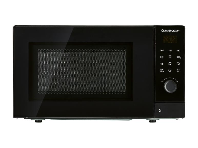 Schwarze Mikrowelle mit Digitalanzeige und Drehknopf.