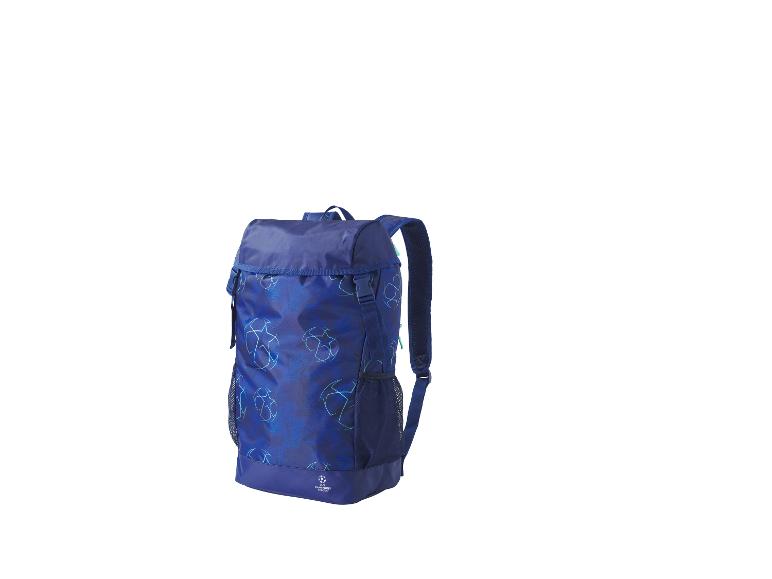 Ein blauer Rucksack mit Fußball-Print und Champions League-Logo.
