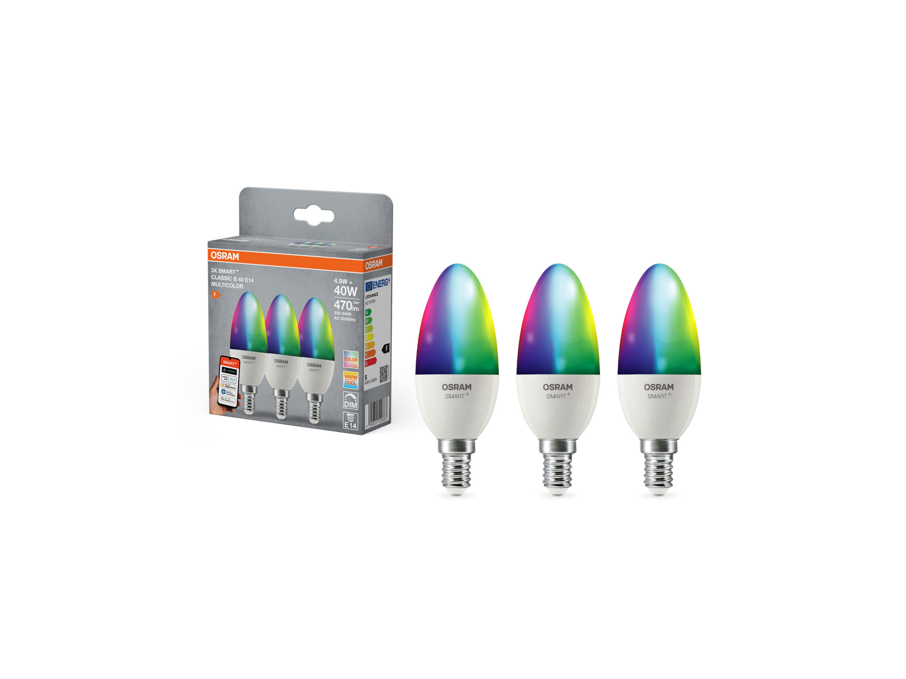 OSRAM Smart MATTER Leuchtmittel, 3er Pack (B40, E14, 2700 K, RGBW, Matt)