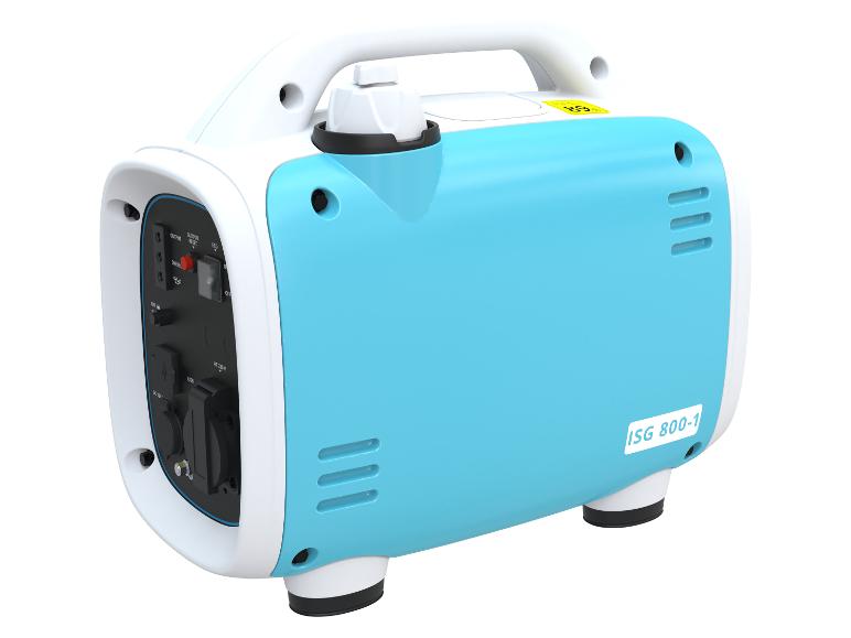 Tragbarer blau-weißer Inverter-Generator mit Bedienfeld und der Aufschrift „ISG 800-1“.