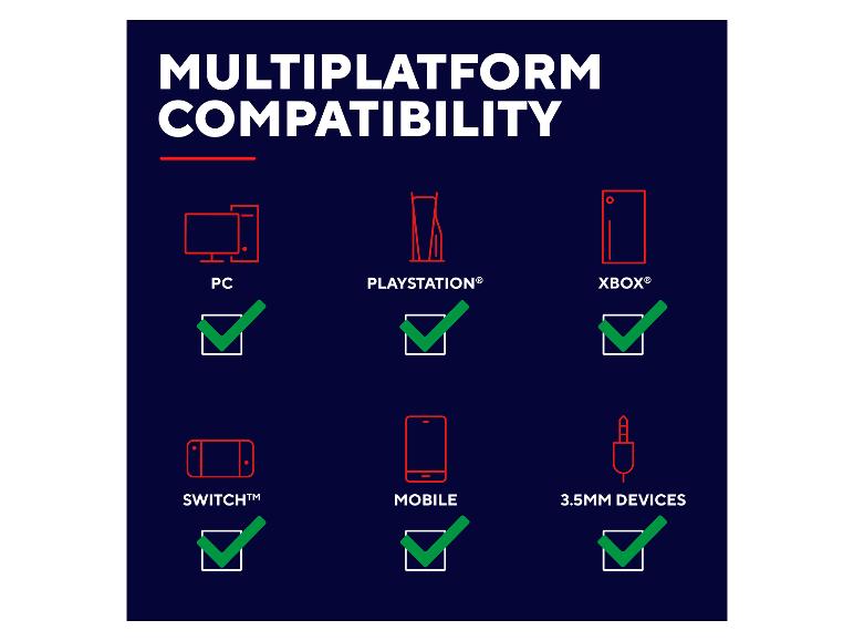 Multiplattform-Kompatibilität: PC, PlayStation, Xbox, Switch, Mobilgeräte und 3.5mm-Geräte.