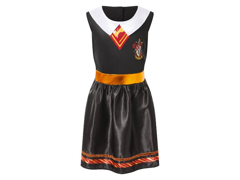 Schwarzes Gryffindor-Kleid mit weißem Kragen, goldenem Gürtel und gestreiftem Saum