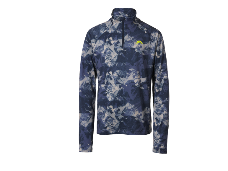 Herren-Sportshirt mit langen Ärmeln und Reißverschluss, mit blau-weißem Camouflage-Muster.