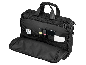 Geöffnete schwarze Laptoptasche mit verschiedenen Büroaccessoires im Inneren.