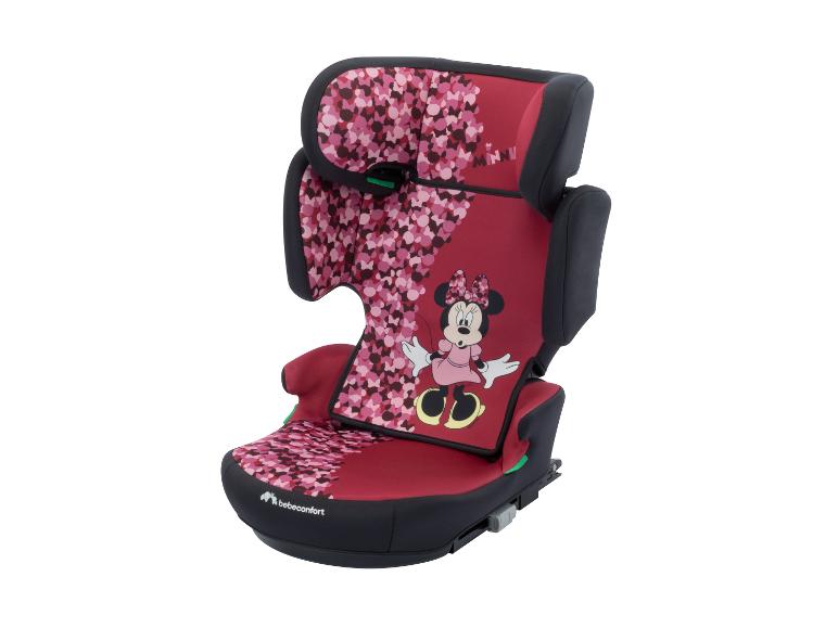 Roter Kindersitz mit Minnie-Maus-Motiv und Tupfenmuster.