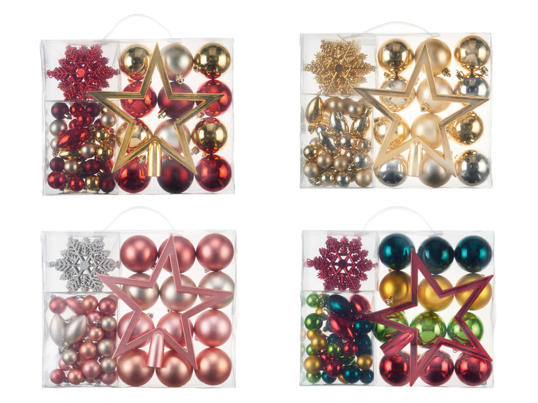 Vier Sets Weihnachtsbaumschmuck mit Kugeln, Sternen und Schneeflocken.