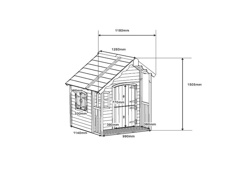 Kleines Holzspielhaus mit Maßen: Höhe 1505 mm, Breite 1180 mm und Tiefe 1140 mm.