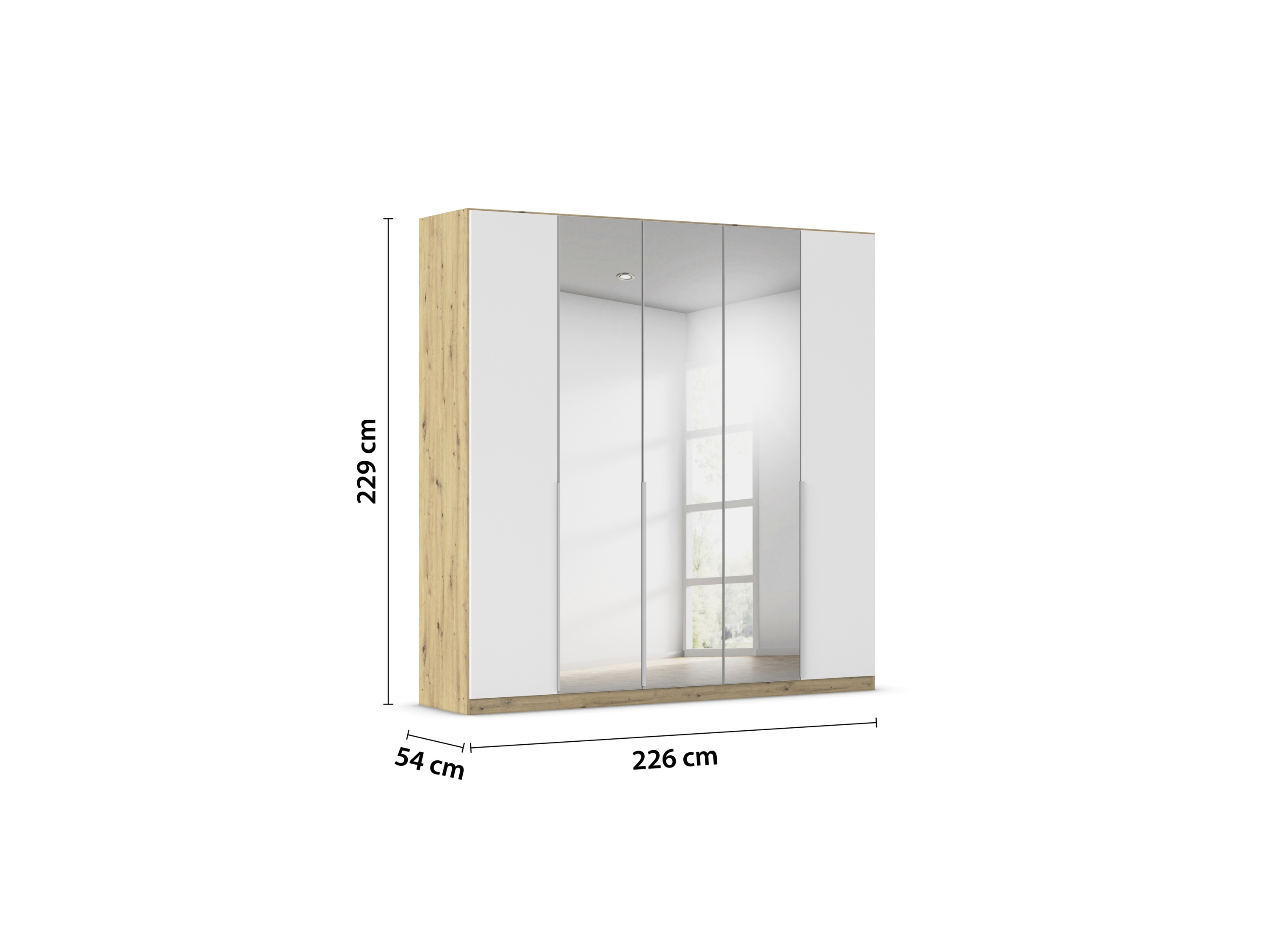RAUCH ORANGE Drehtürenschrank Alabama mit Spiegel (Classic-Zubehör, Weiß/Eiche Artisan, Griffe Alu, 226 x 229 cm) – Bild 3 von 4
