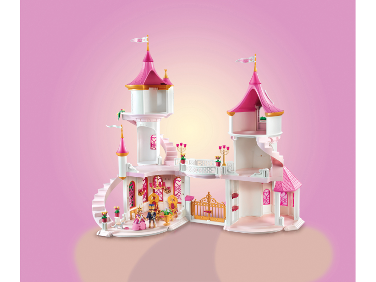 Rosa Spielzeugschloss mit Figuren und Zubehör.