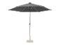 Grauer Terrassenschirm mit Kurbel und quadratischem Fuß.