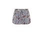 Damen-Shorts mit blauem und braunem Paisley-Muster und Quastenbesatz.