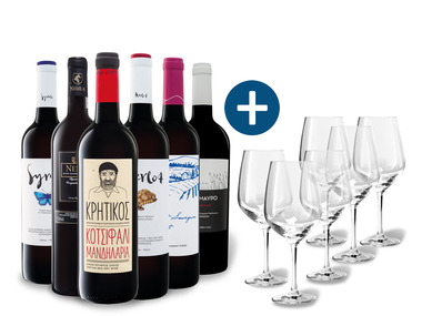 6 x 0,75-l-Flasche Weinpaket Griechische Rotweine entdecken mit 6er Rotwein-Gläserset Ernesto