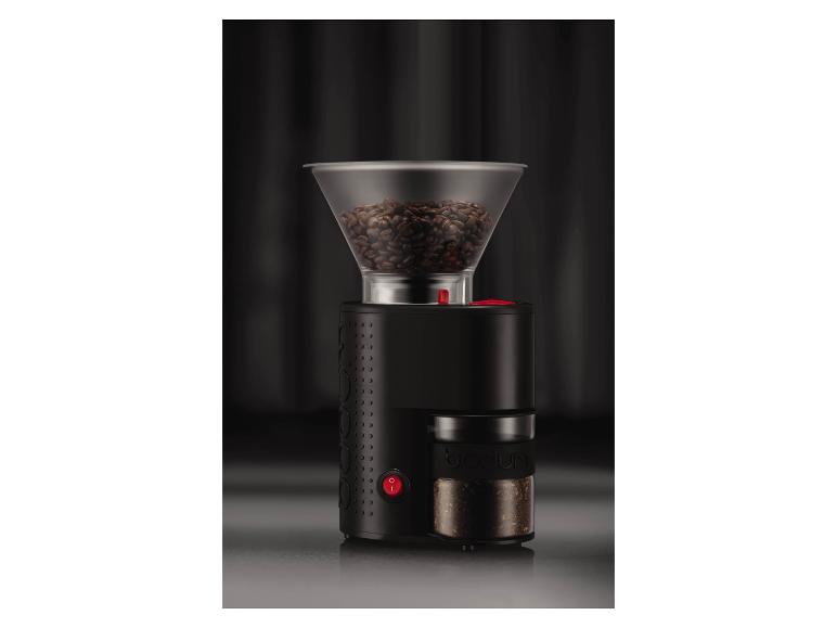 Schwarze Kaffeemühle mit transparentem Bohnenbehälter und Auffangbehälter für gemahlenen Kaffee.