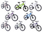 Sieben verschiedene Mountainbikes in verschiedenen Farben, darunter ein schwarzes Huffy.