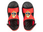 Rote Sandalen mit Fireman Sam Motiv.