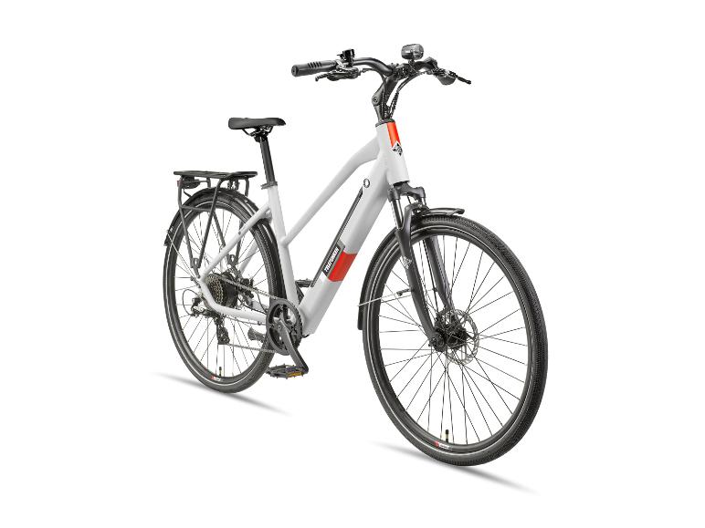 Graues E-Bike mit Gepäckträger und rotem Akzent.
