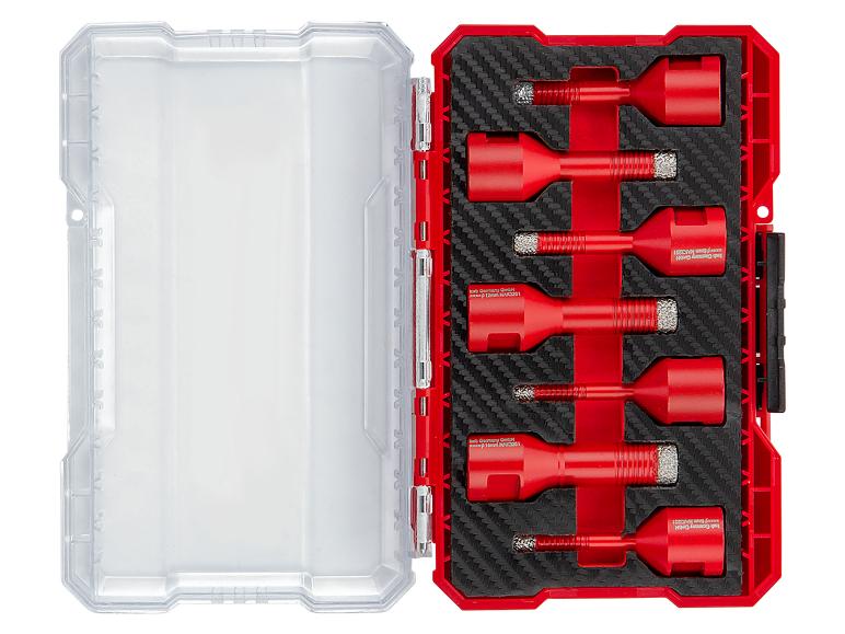 Diamantbohrer-Set in rotem Koffer, mit sichtbaren Größen 6mm, 8mm, 12mm, 14mm.